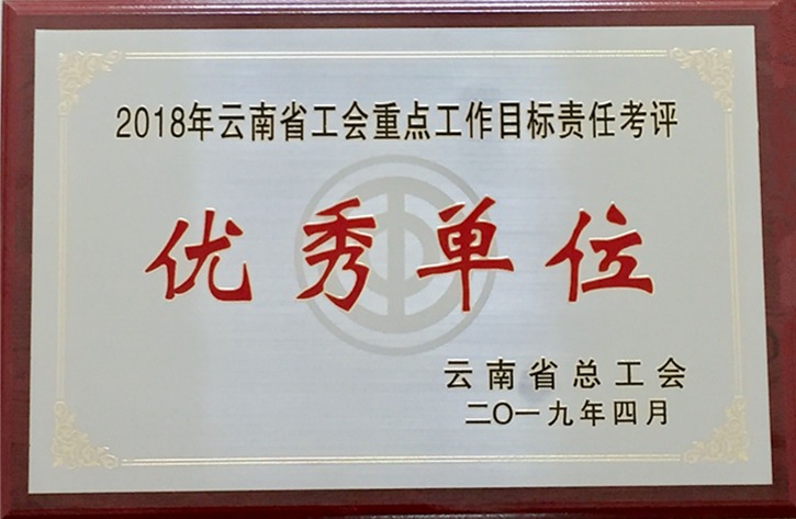 云南008PG国际集团工会荣获 “2018年度云南省工会重点工作目标责任考评优秀单位”